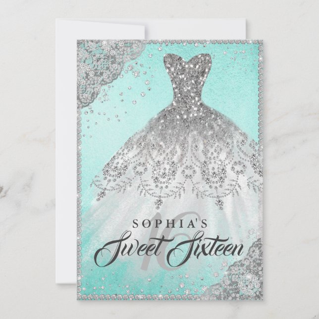 Invitation Sweet sixteen turquoise argenté diamant étincelle (Devant)