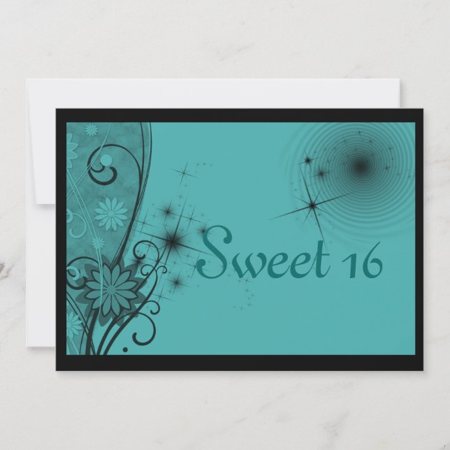 Invitation Sweet sixteen Turquoise et noir (Devant)
