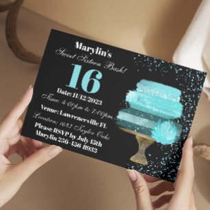 INVITATION SWEET SIXTEEN TURQUOISE WATERCOLOR CAKE ANNIVERSAI