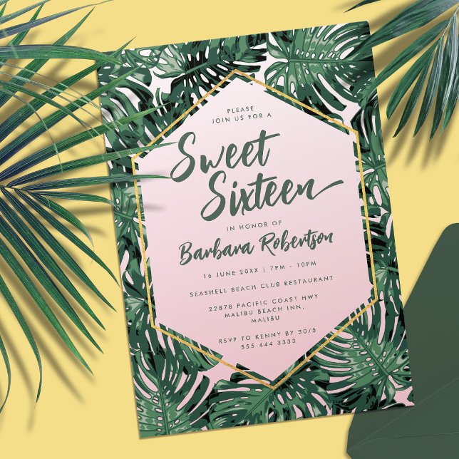 Invitation Sweet sixteen vert rose pâle de l'été tropical (Tropical palm leaf invitation with title 'sweet sixteen' in script)