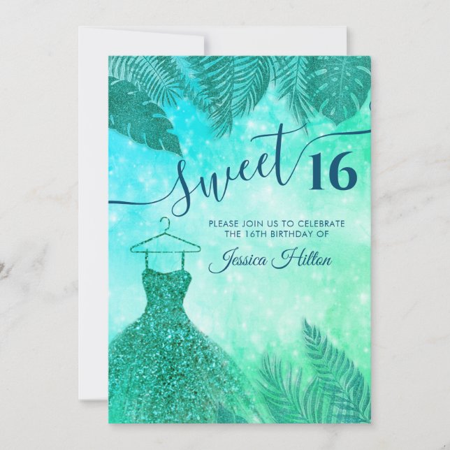 Invitation Sweet sixteen vert tropical feuille (Devant)