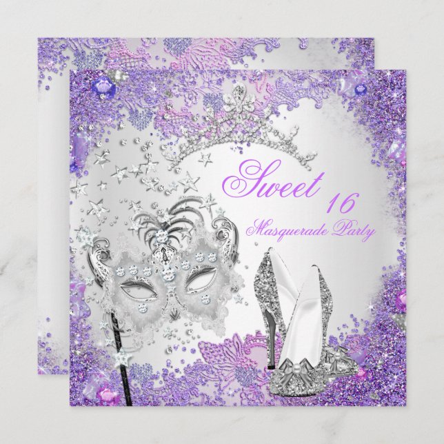 Invitation Sweet sixteen violet 16 Masquerade Party Tiara (Devant / Derrière)