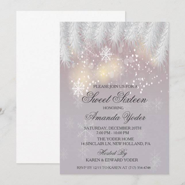 Invitation sweet sixteen Winter Snowflake (Devant / Derrière)