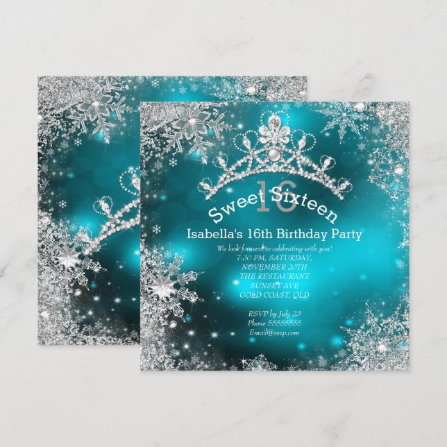 Invitation Sweet sixteen Winter Wonderland Silver Turquoise (Devant / Derrière)