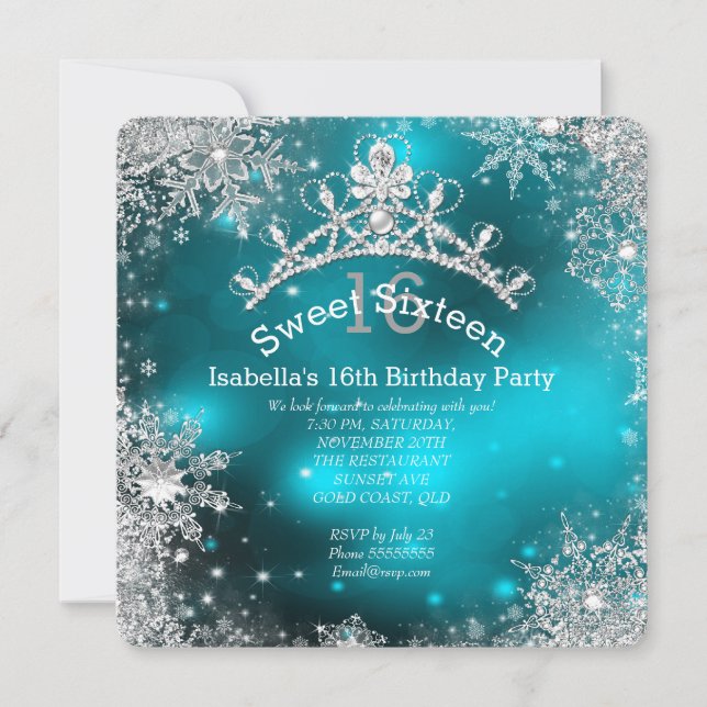 Invitation Sweet sixteen Winter Wonderland Silver Turquoise (Devant)