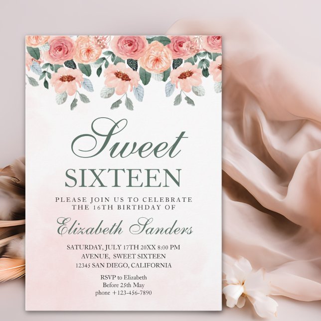 Invitation Sweet Sixteen with Watercolor Pink Flowers (Créateur téléchargé)