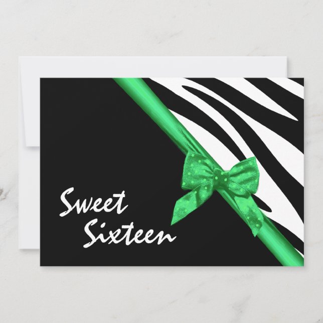 Invitation Sweet sixteen Zebra et Ribbon Green (Devant)