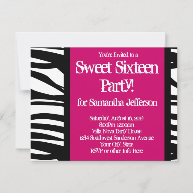 Invitation Sweet sixteen, Zèbre rose chaud (Devant)