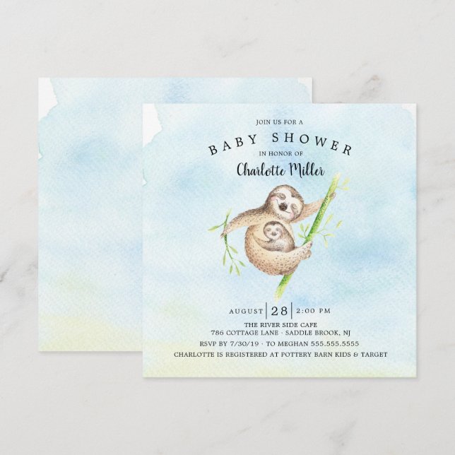 Invitation Sweet Sloth Boys Baby shower (Devant / Derrière)