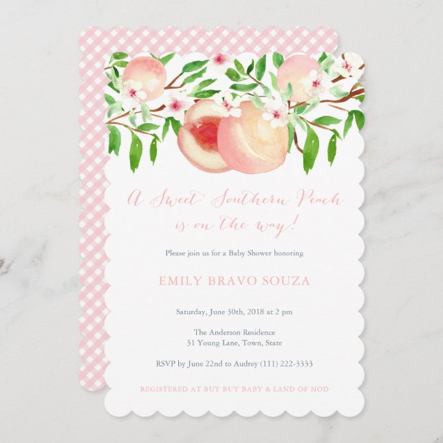 Invitation Sweet Southern Peach Little Girl Baby shower (Devant / Derrière)