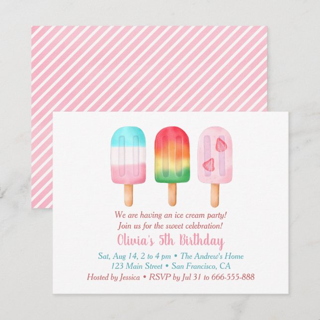 Invitation Sweet Summer Girls Anniversaire, Glace Cream Party (Devant / Derrière)