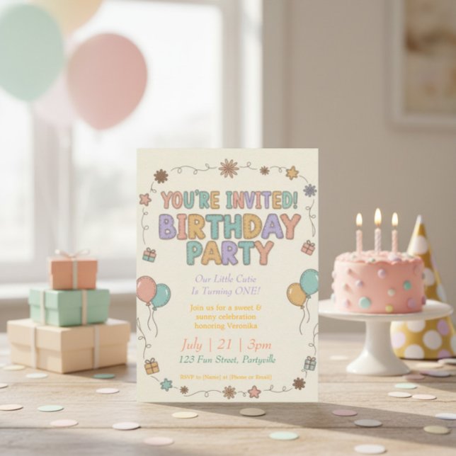 Invitation Sweet & Sunny Retro Felt Letters 1st Birthday (Créateur téléchargé)