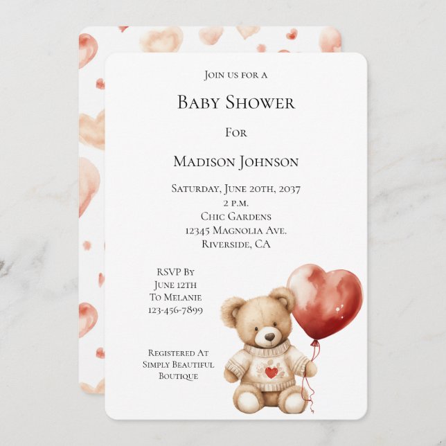 Invitation Sweet Teddy Bear Baby shower de ballon coeur (Devant / Derrière)