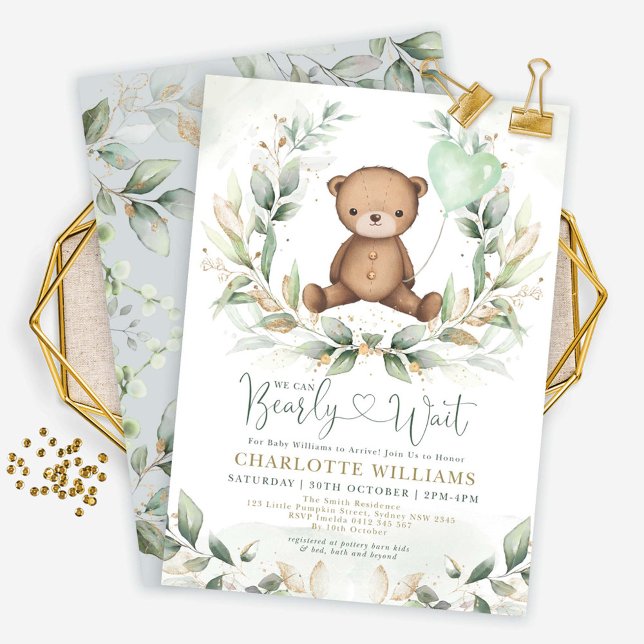 Invitation Sweet Teddy Bear Baby shower vert verdure or Ballo (Créateur téléchargé)