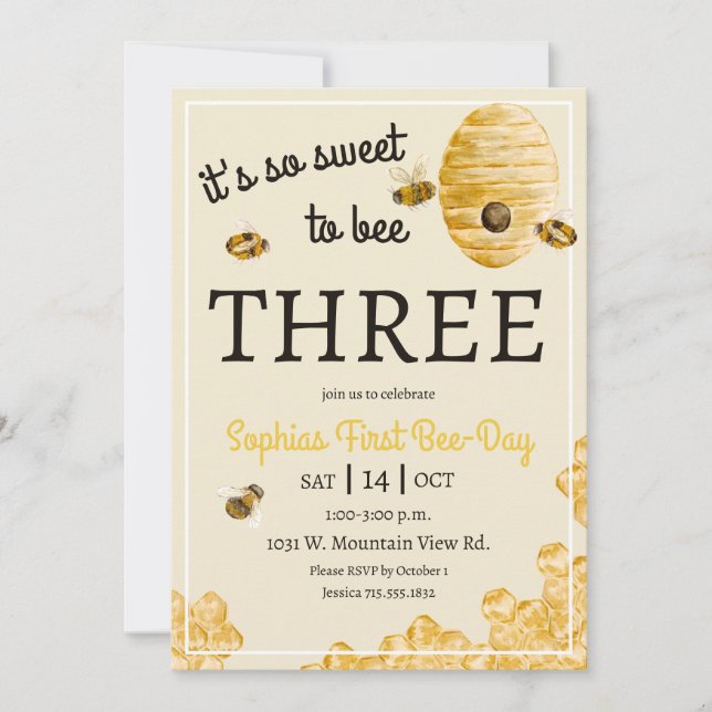 Invitation Sweet to Bee Three Honeycomb Bees 3rd Birthday  (Devant)
