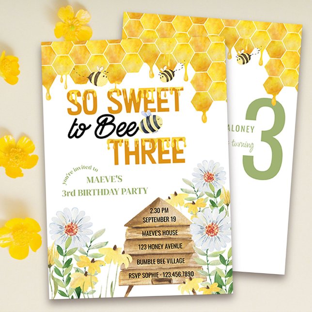 Invitation Sweet to Bee Trois ruches et Honeycomb 3e annivers (So sweet to bee three - bee themed 3rd birthday invitation with honeycomb and beehive.)