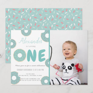 Invitation Sweet Turquoise Blue Donut Boy Photo 1er anniversa
