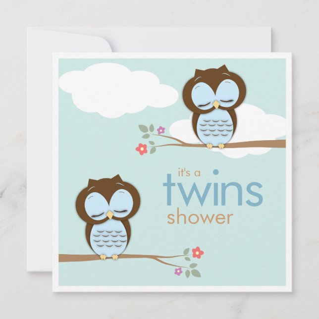 Invitation Sweet Twins Hoot Owts Baby shower garçons (Devant)