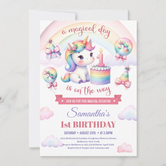 Invitation Sweet Unicorn Aquarelle Rose fille 1er anniversair (Devant)