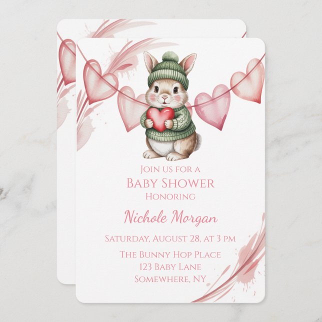Invitation Sweet Watercolor Bunny Baby Shower  (Devant / Derrière)