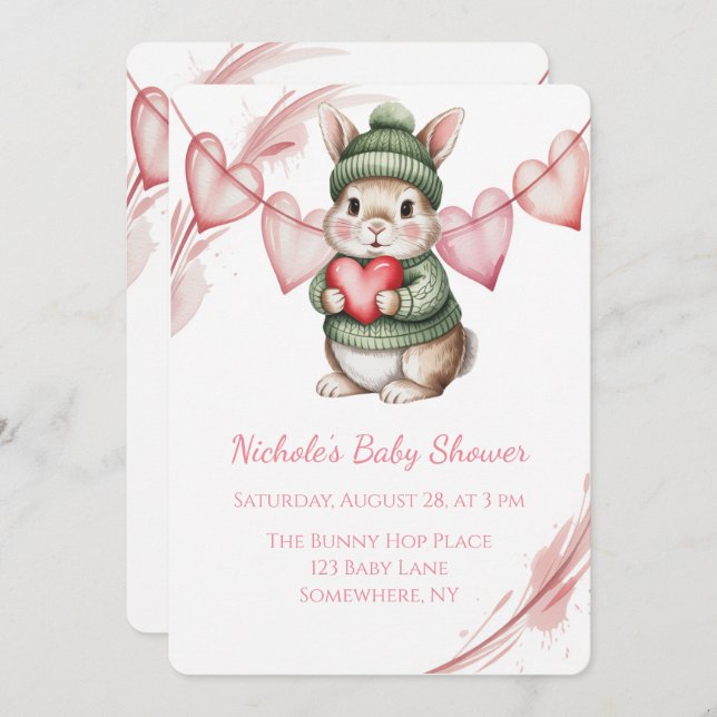 Invitation Sweet Watercolor Bunny Baby Shower  (Devant / Derrière)