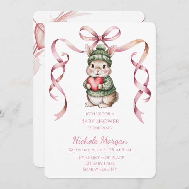 Invitation Sweet Watercolor Bunny Baby Shower  (Devant / Derrière)