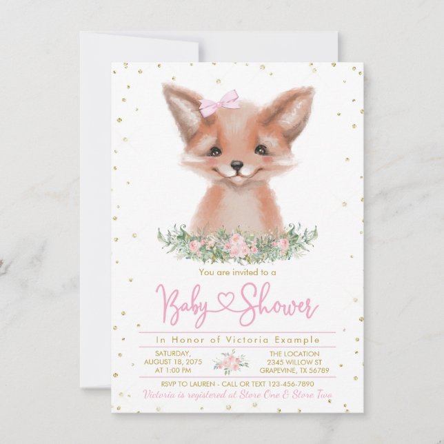 Invitation Sweet Watercolor Girl Fox Baby shower (Devant)