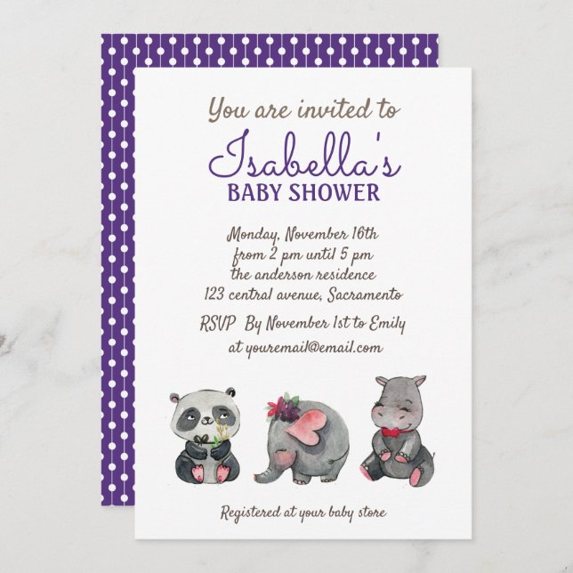 Invitation Sweet Watercolor Safari Animaux Baby shower (Devant / Derrière)