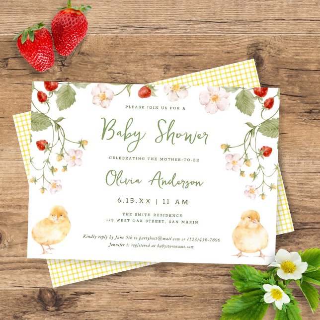 Invitation Sweet Watercolor Strawberry Chicks Baby Shower (Créateur téléchargé)