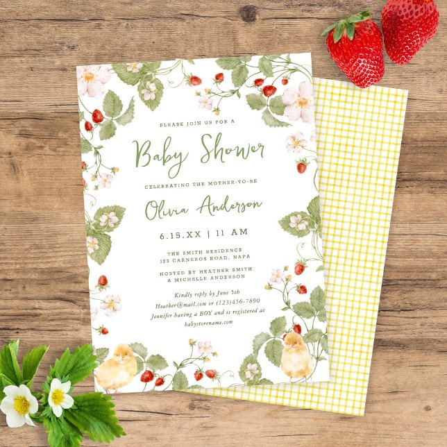Invitation Sweet Watercolor Strawberry Chicks Baby Shower (Créateur téléchargé)