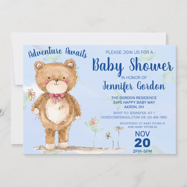 Invitation Sweet Woodland Bear Blue Boy Baby shower (Devant)