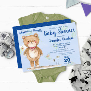Invitation Sweet Woodland Bear Blue Boy Baby shower