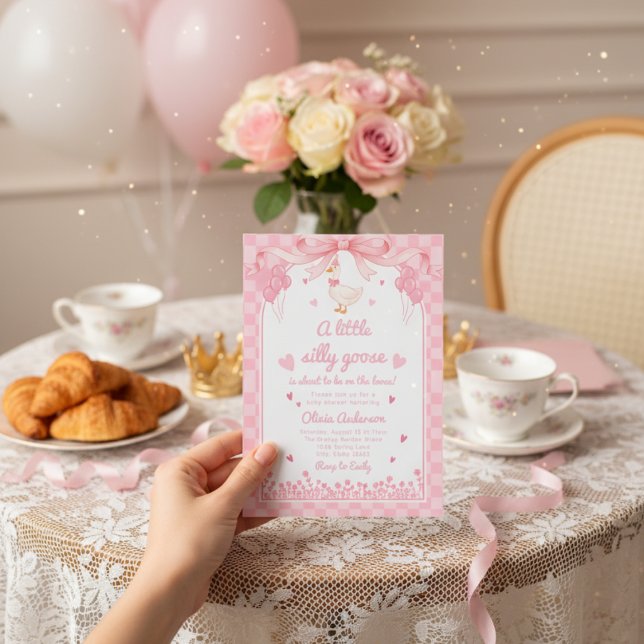 Invitation sweetheart pink goose gingham bow floral baby girl (Créateur téléchargé)