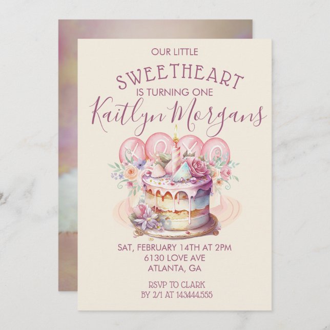 Invitation Sweetheart Valentine’s First Birthday Photo (Devant / Derrière)