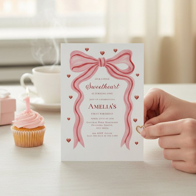 Invitation Sweetheart Watercolor Bow First Birthday QR Code I (Créateur téléchargé)