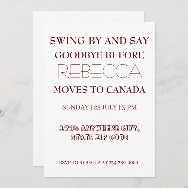 Invitation Swing By and Say Goodbye Go Away Farewell Party (Devant / Derrière)