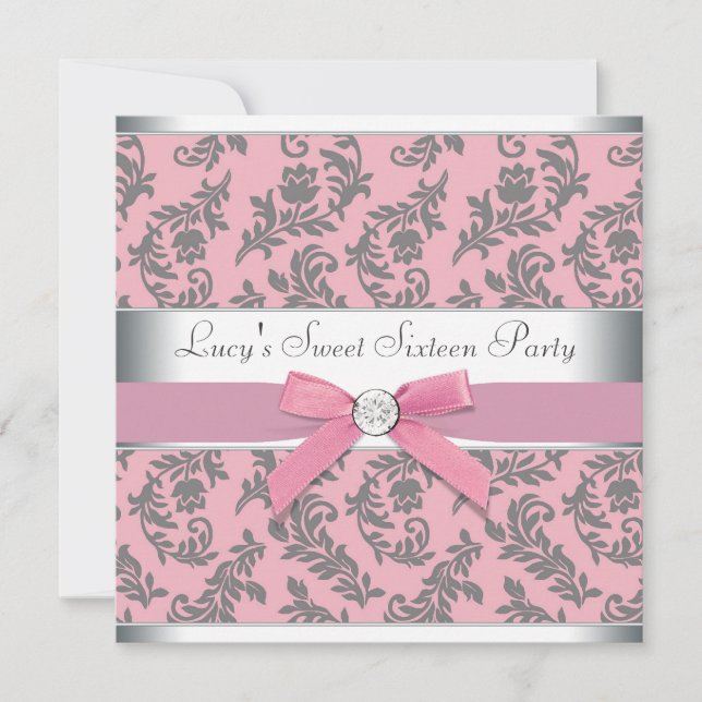 Invitation Swirl Damask rose et gris sucré 16 Party (Devant)