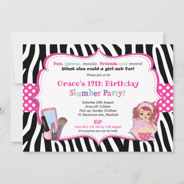 Invitation Swood Sleepover Fête Anniversaire Filles Zebra Imp (Devant)