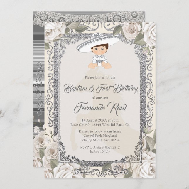 Invitation Sylver mexicain Fiesta Boy Baptême et anniversaire (Devant / Derrière)