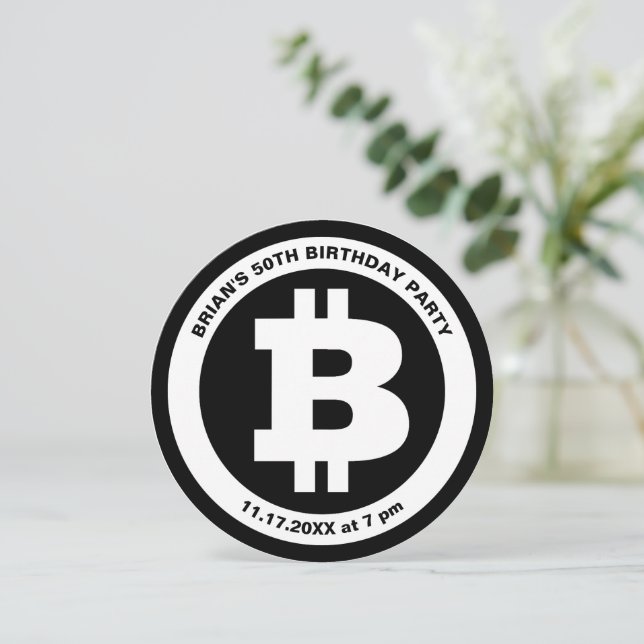 Invitation Symbole Bitcoin noir et blanc personnalisé (Debout devant)
