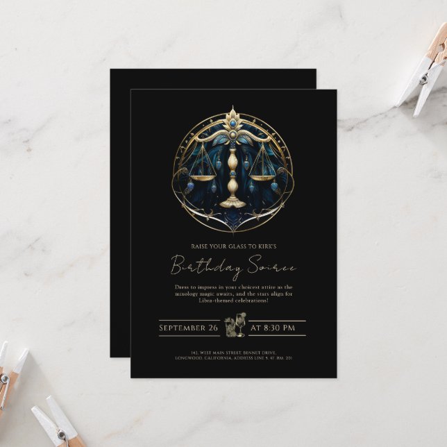 Invitation Symbole de l'équilibre céleste Balance Or Noir Cos (Devant/Arrière en situation)