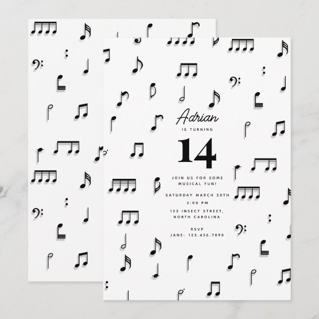 Invitation Symbole de notes de musique noir et blanc pour fêt (Devant / Derrière)