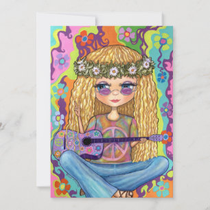 Invitation Symbole de Paix de Guitare violette Chick Hippie C