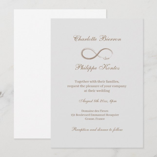 Invitation Symbole d'infini Élégant Mariage blanc gris or (Devant / Derrière)