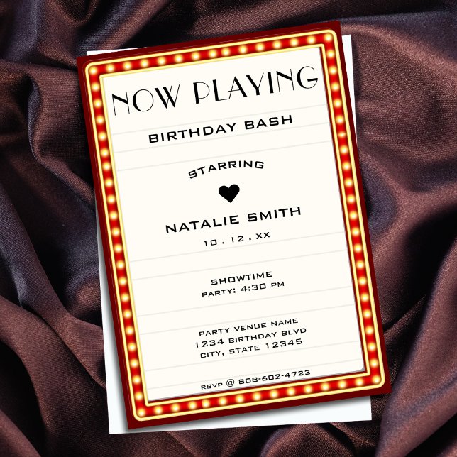 Invitation Symbole du cinéma rétro Marquee Symbole rouge Anni (Retro Cinema Theater Marquee Sign Red Birthday Invitation)