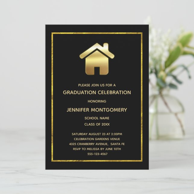 Invitation Symbole Gold House Design immobilier Graduation (Debout devant)