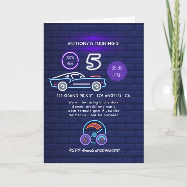 Invitation Symbole Neon Racing Car thème Boy 5th Birthday Par (Devant)