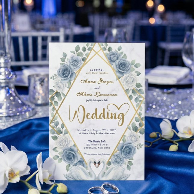 Invitation Symmetrical Swan Heart Romantic Dusty Blue (Créateur téléchargé)