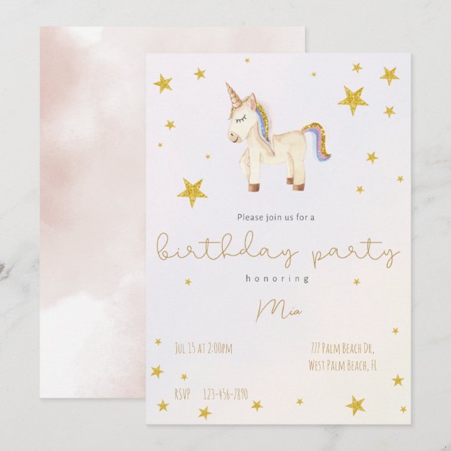 Invitation Sympa lunatique Unicorn Gold Stars anniversaire en (Devant / Derrière)