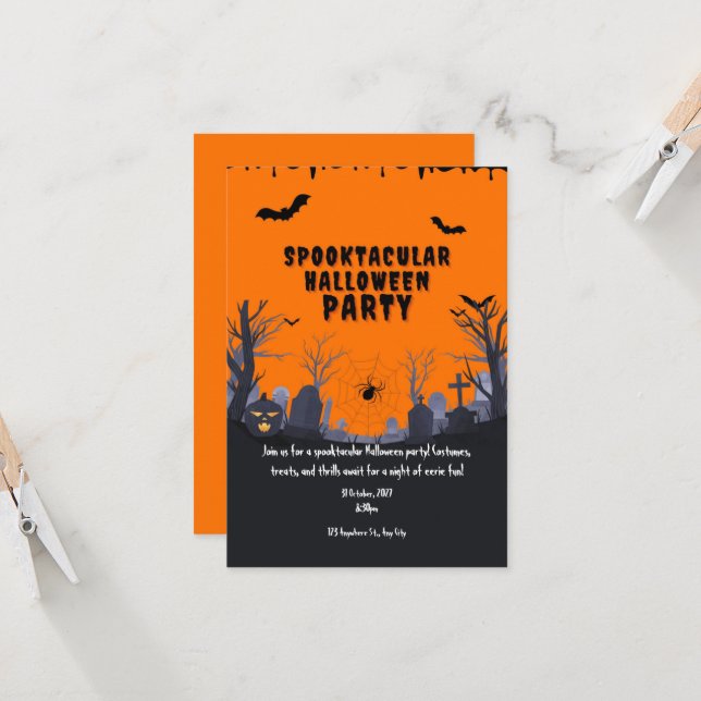 Invitation Sympa spottacular orange fantôme fête d'Halloween (Devant/Arrière en situation)